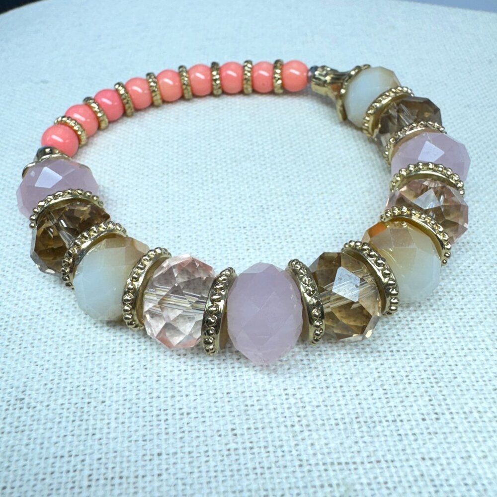 Gold Tone Stretchy Summer Bracelet Peach & Pinks Beaded Stones
